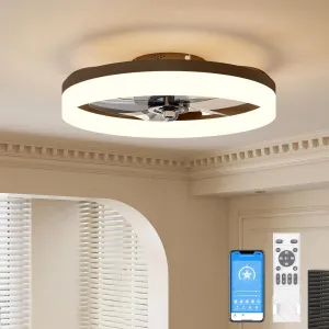 VOLISUN Low Profile Ceiling Fans with Lights and Remote, 19.7in Fandelier Ceiling Fan with Light, 3000K-6500K Dimmable Bladeless LED Fan Light, Brown Flush Mount Ceiling Fans with Lights for Bedroom Small bladeless fan for quiet cooling