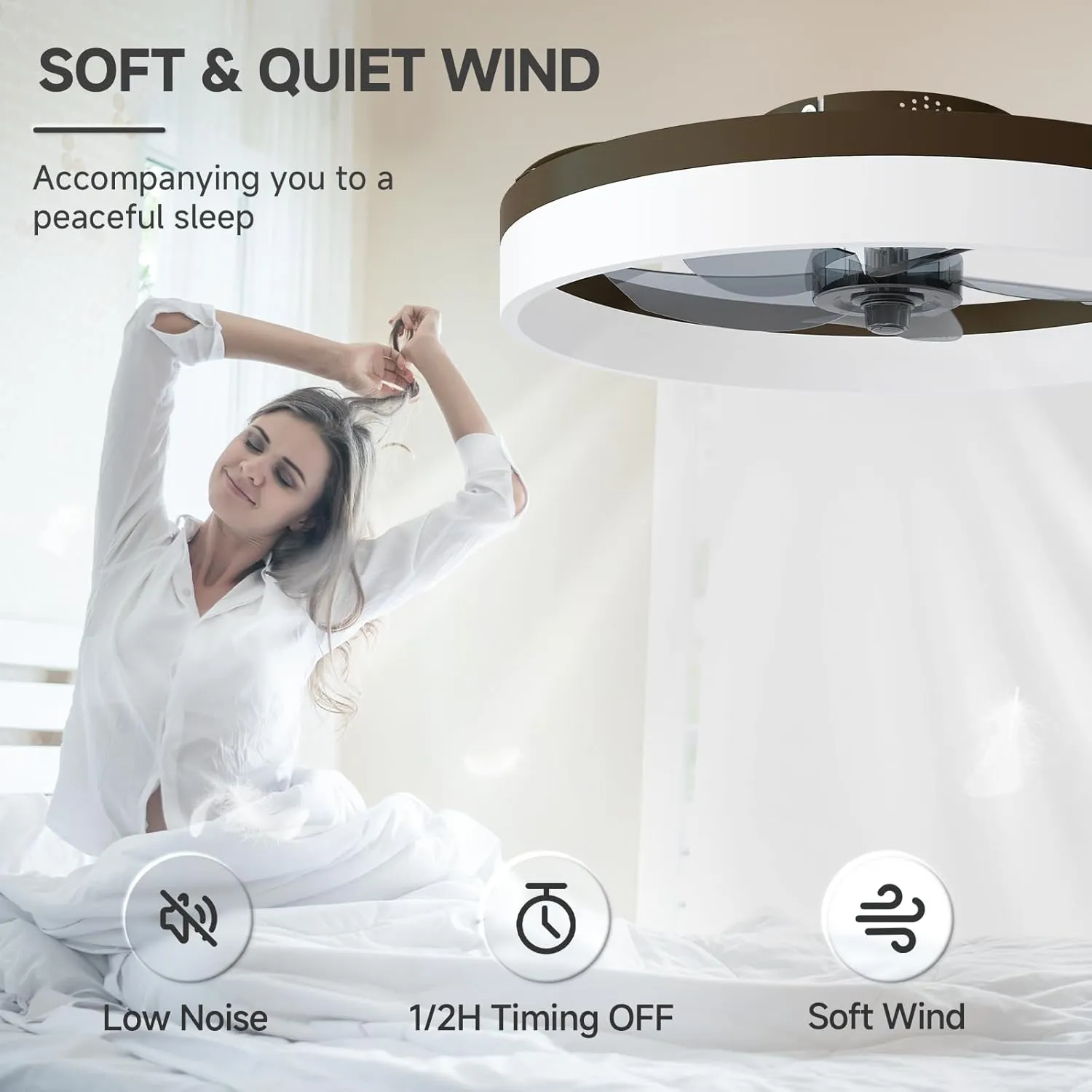 VOLISUN Low Profile Ceiling Fans with Lights and Remote, 19.7in Fandelier Ceiling Fan with Light, 3000K-6500K Dimmable Bladeless LED Fan Light, Brown Flush Mount Ceiling Fans with Lights for Bedroom