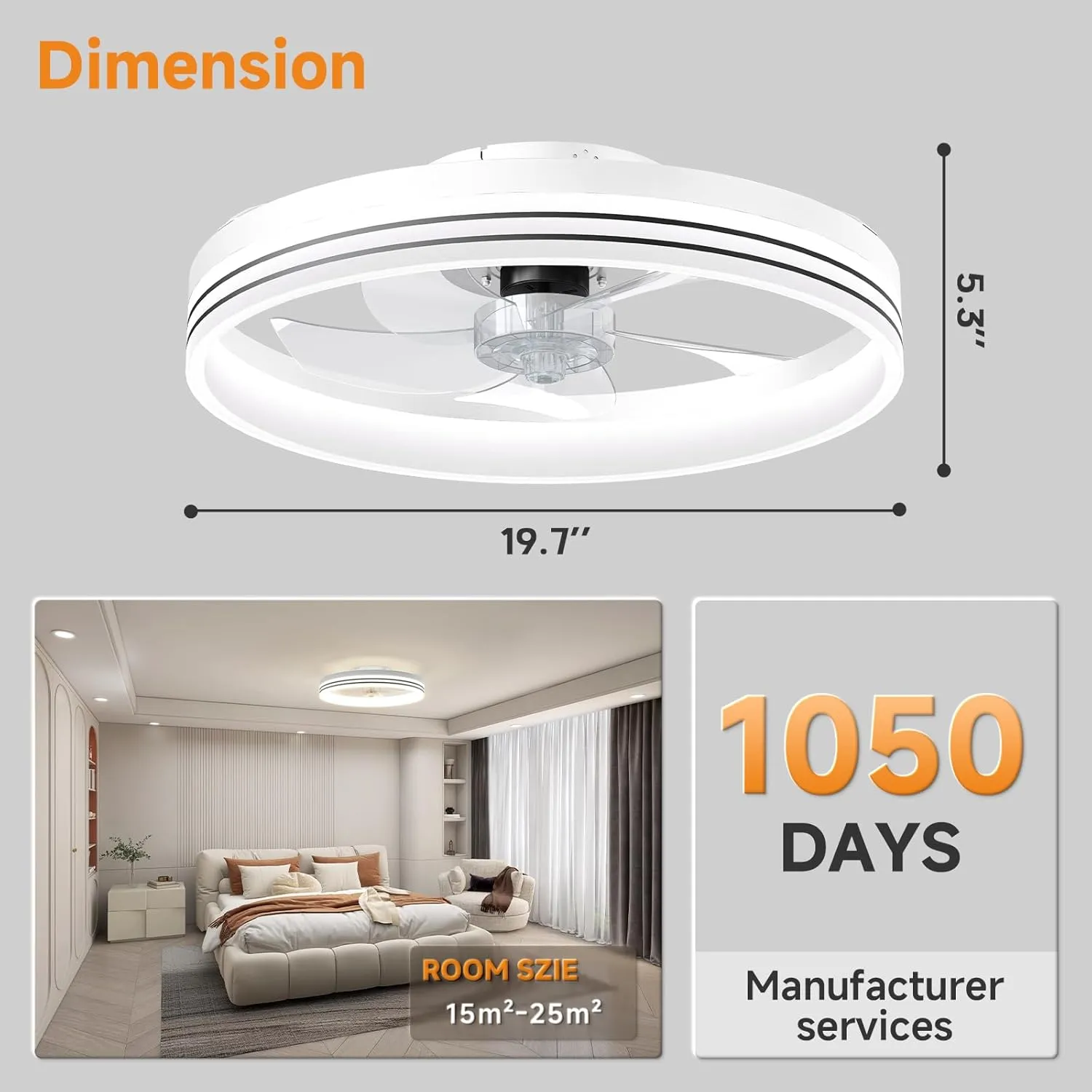 VOLISUN Low Profile Ceiling Fans with Lights and Remote, 19.7in Flush Mount Ceiling Fan with Light, 3000K-6500K Dimmable Fandelier LED Fan Light, White Bladeless Ceiling Fans with Lights for Bedroom