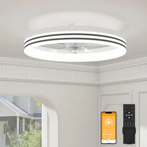 VOLISUN Low Profile Ceiling Fans with Lights and Remote, 19.7in Flush Mount Ceiling Fan with Light, 3000K-6500K Dimmable Fandelier LED Fan Light, White Bladeless Ceiling Fans with Lights for Bedroom Small bladeless fan for quiet cooling