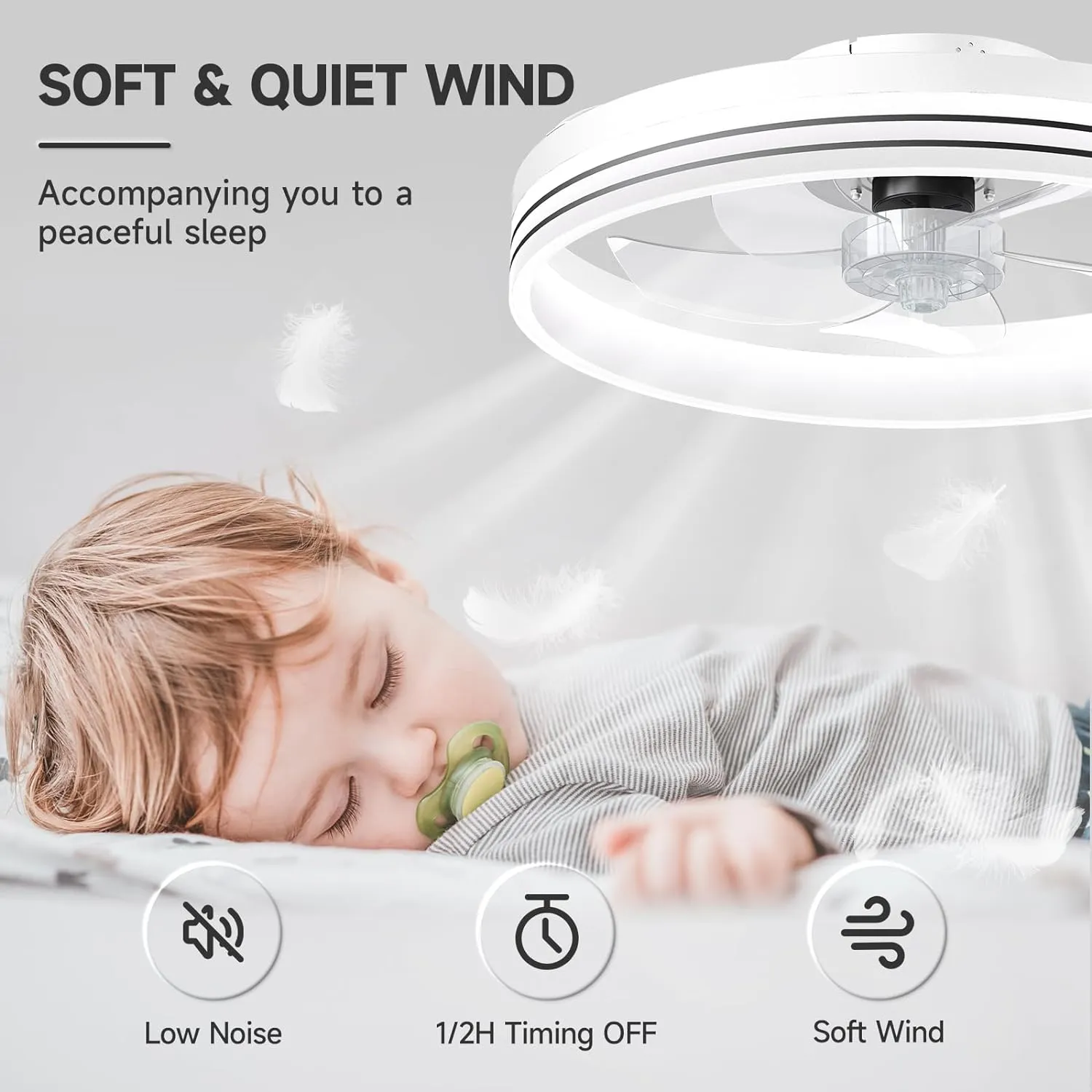 VOLISUN Low Profile Ceiling Fans with Lights and Remote, 19.7in Flush Mount Ceiling Fan with Light, 3000K-6500K Dimmable Fandelier LED Fan Light, White Bladeless Ceiling Fans with Lights for Bedroom