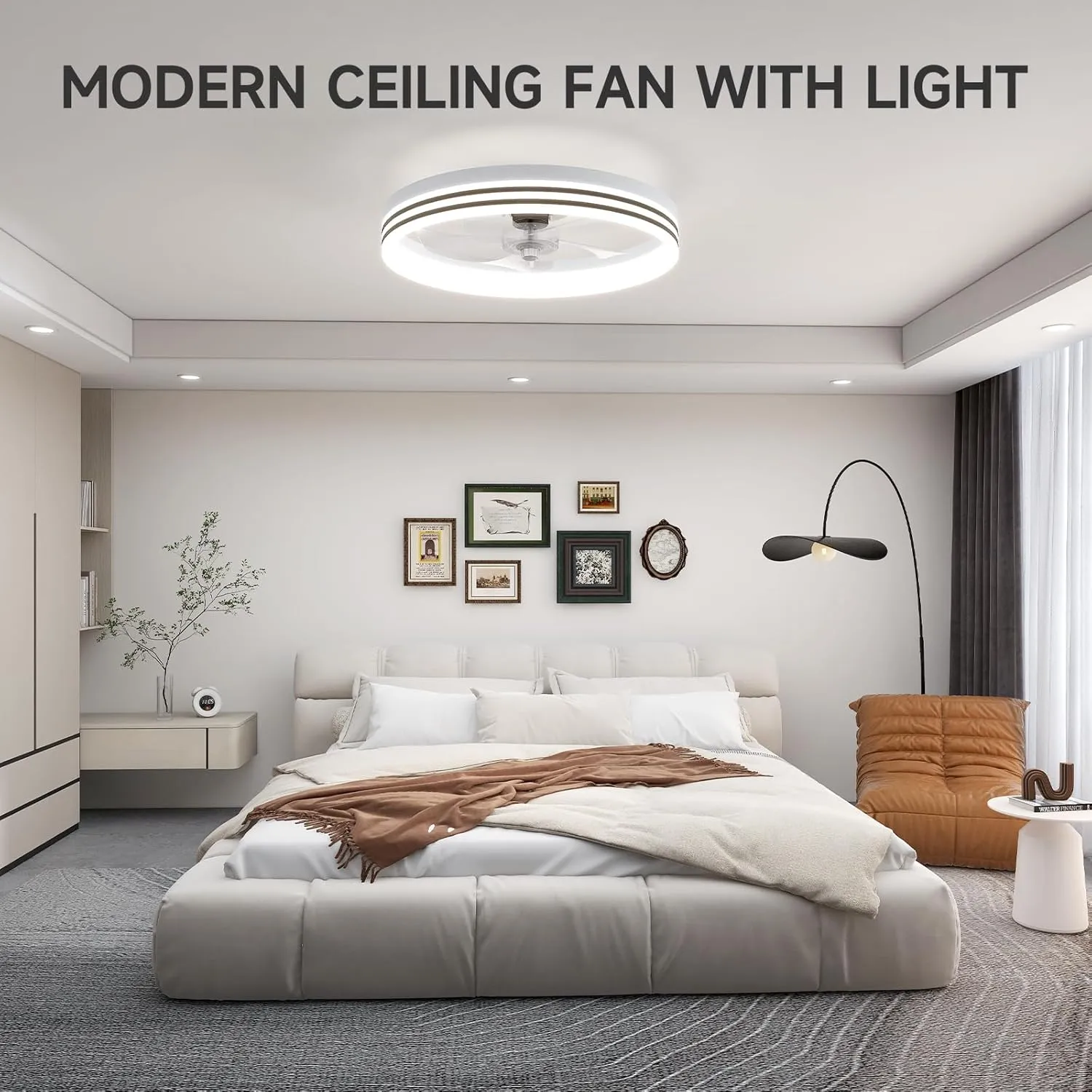 VOLISUN Low Profile Ceiling Fans with Lights and Remote, 19.7in Flush Mount Ceiling Fan with Light, 3000K-6500K Dimmable Fandelier LED Fan Light, White Bladeless Ceiling Fans with Lights for Bedroom
