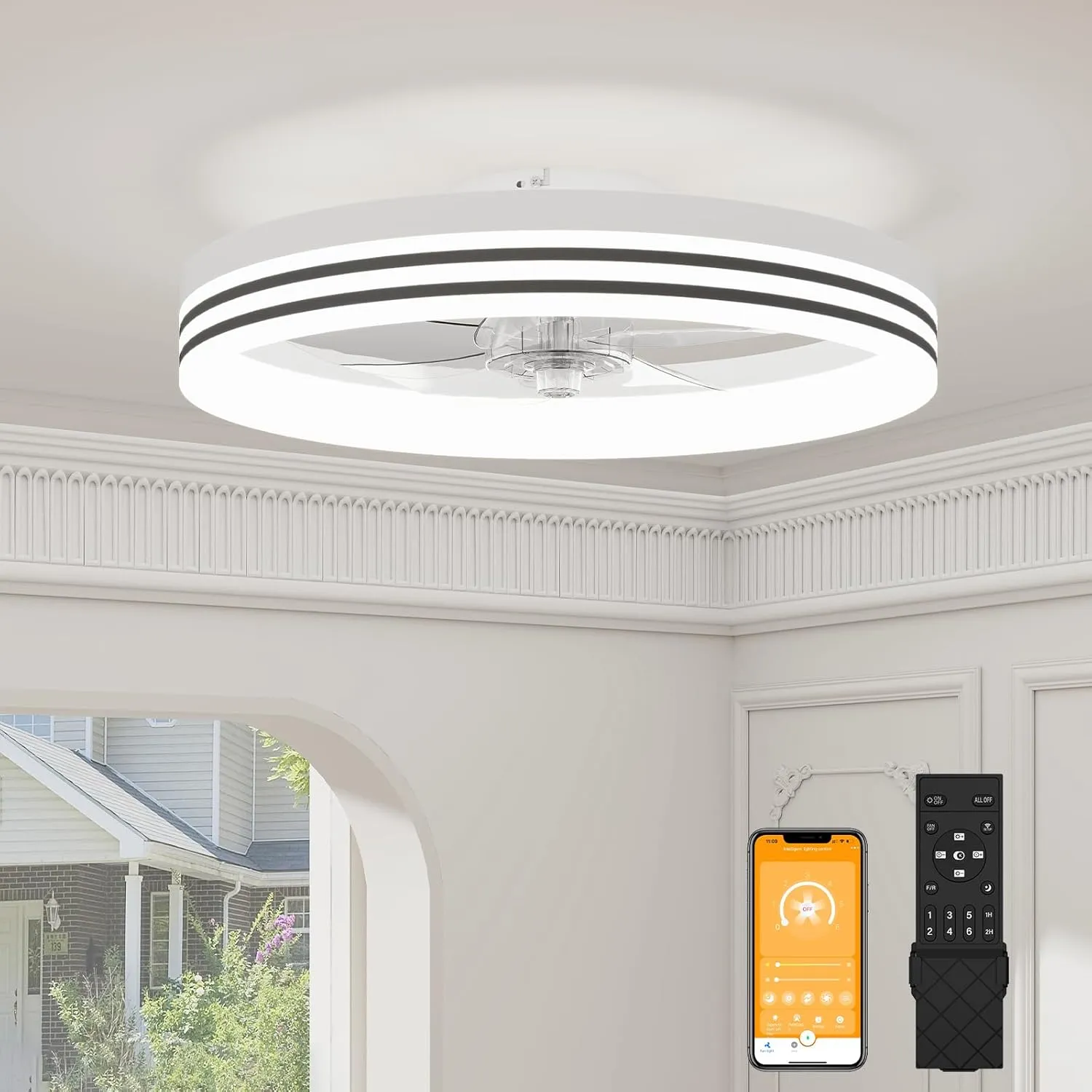 VOLISUN Low Profile Ceiling Fans with Lights and Remote, 19.7in Flush Mount Ceiling Fan with Light, 3000K-6500K Dimmable Fandelier LED Fan Light, White Bladeless Ceiling Fans with Lights for Bedroom Small bladeless fan for quiet cooling