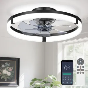 VOLISUN Low Profile Ceiling Fans with Lights and Remote, 19.7in Flush Mount Ceiling Fans with Light, 3000K-6500K Dimmable Fandelier Ceiling Fan, Bladeless Ceiling Fan for Bedroom(Black) Fan with safety blade design