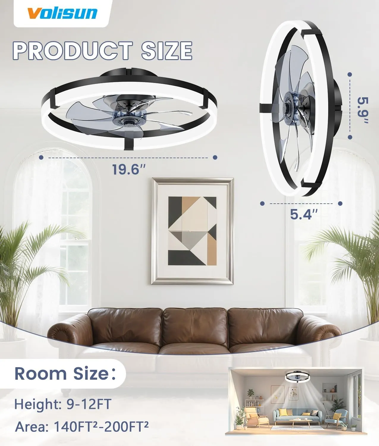 VOLISUN Low Profile Ceiling Fans with Lights and Remote, 19.7in Flush Mount Ceiling Fans with Light, 3000K-6500K Dimmable Fandelier Ceiling Fan, Bladeless Ceiling Fan for Bedroom(Black)