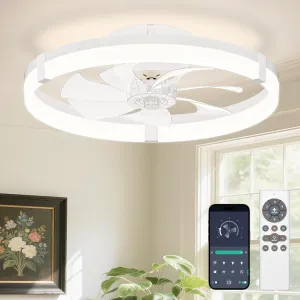 VOLISUN Low Profile Ceiling Fans with Lights and Remote, 19.7in Flush Mount Ceiling Fans with Light, 3000K-6500K Dimmable Fandelier Ceiling Fan, Bladeless Ceiling Fan for Bedroom(White) Fan with safety blade design