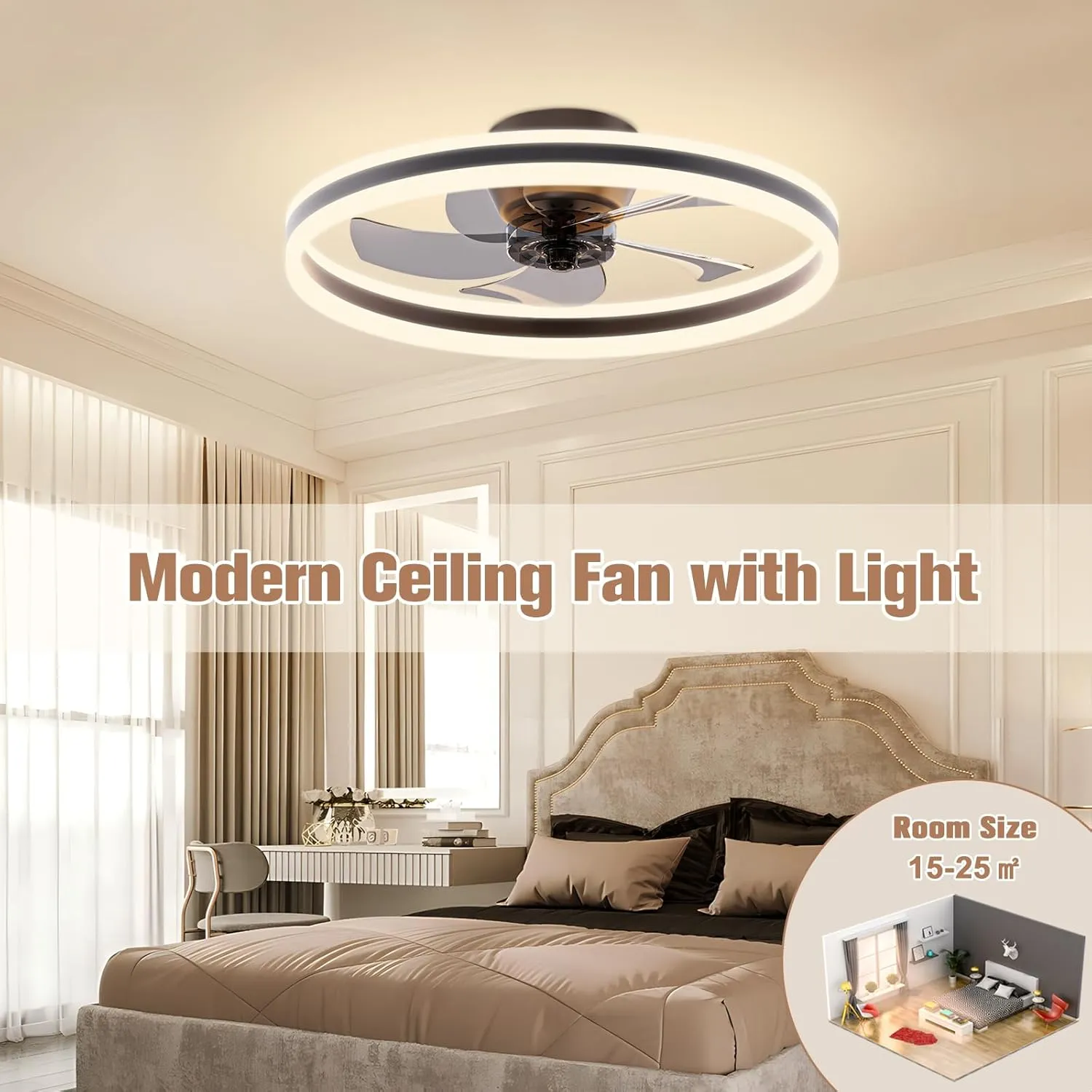 VOLISUN Low Profile Ceiling Fans with Lights and Remote, 19.7in Flush Mount Ceiling Fans with Light, 3000K-6500K Dimmable Fandelier LED Fan Light, Bladeless Ceiling Fan for Bedroom(Black)