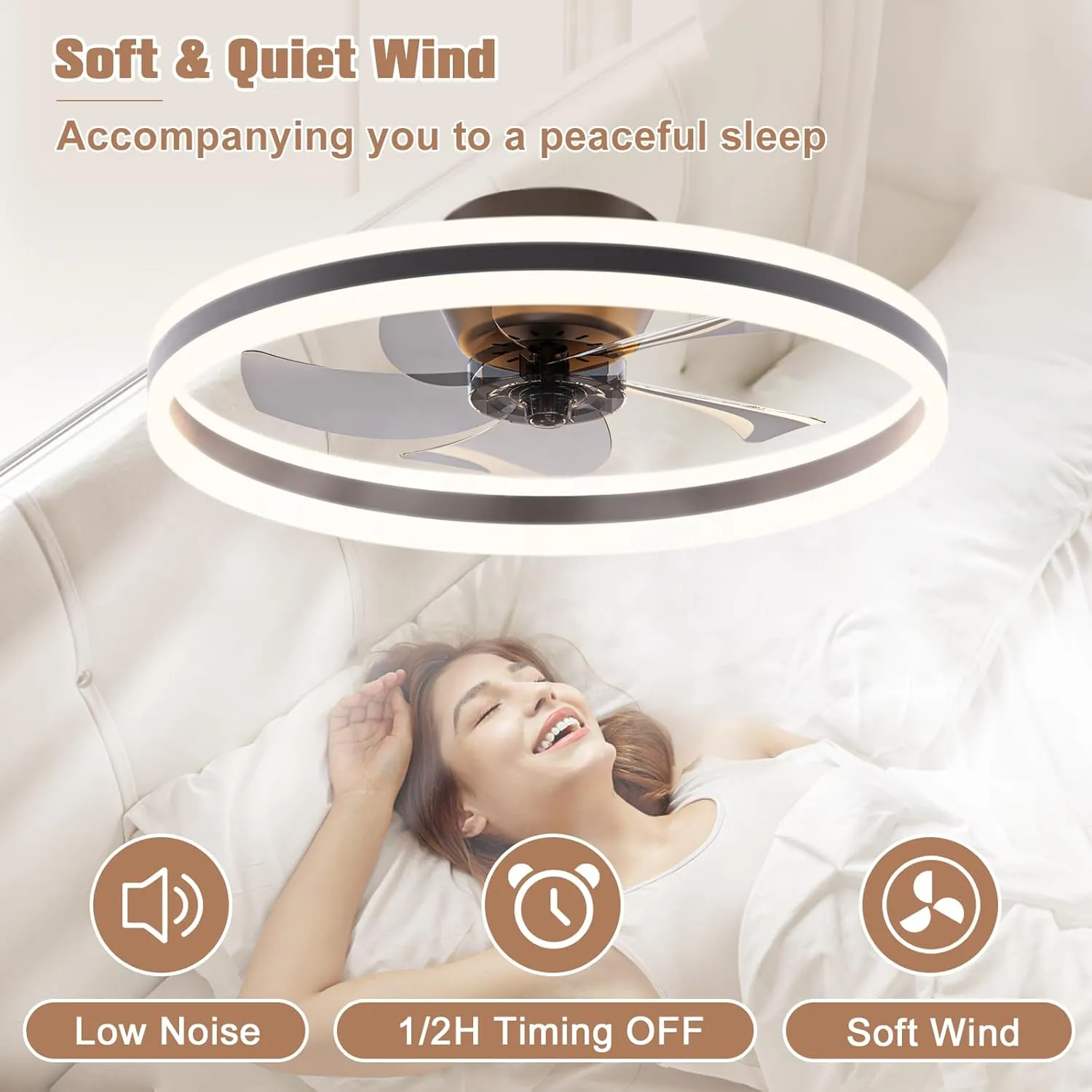 VOLISUN Low Profile Ceiling Fans with Lights and Remote, 19.7in Flush Mount Ceiling Fans with Light, 3000K-6500K Dimmable Fandelier LED Fan Light, Bladeless Ceiling Fan for Bedroom(Black)