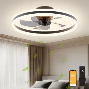 VOLISUN Low Profile Ceiling Fans with Lights and Remote, 19.7in Flush Mount Ceiling Fans with Light, 3000K-6500K Dimmable Fandelier LED Fan Light, Bladeless Ceiling Fan for Bedroom(Black) Fan with safety blade design