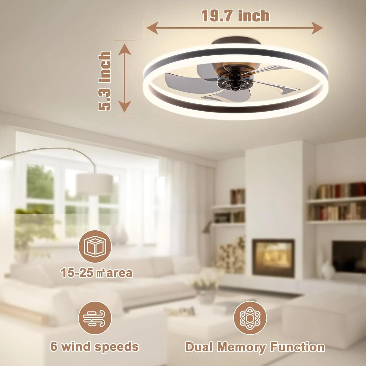 VOLISUN Low Profile Ceiling Fans with Lights and Remote, 19.7in Flush Mount Ceiling Fans with Light, 3000K-6500K Dimmable Fandelier LED Fan Light, Bladeless Ceiling Fan for Bedroom(Black)