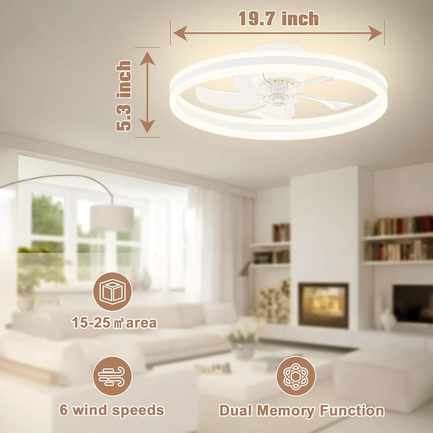 VOLISUN Low Profile Ceiling Fans with Lights and Remote, 19.7in Flush Mount Ceiling Fans with Light, 3000K-6500K Dimmable Fandelier LED Fan Light, Bladeless Ceilings Fan for Bedroom(White)
