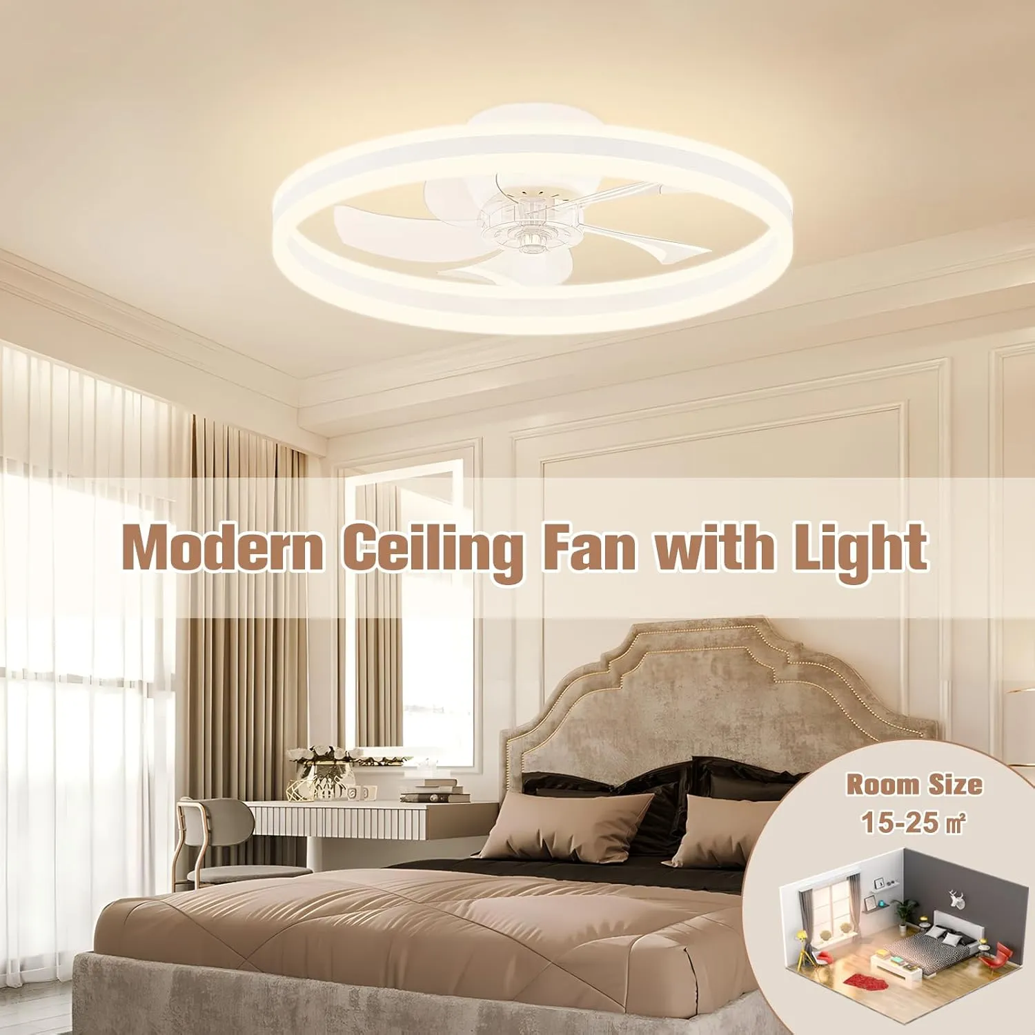 VOLISUN Low Profile Ceiling Fans with Lights and Remote, 19.7in Flush Mount Ceiling Fans with Light, 3000K-6500K Dimmable Fandelier LED Fan Light, Bladeless Ceilings Fan for Bedroom(White)