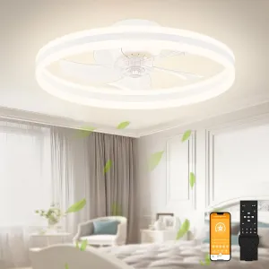 VOLISUN Low Profile Ceiling Fans with Lights and Remote, 19.7in Flush Mount Ceiling Fans with Light, 3000K-6500K Dimmable Fandelier LED Fan Light, Bladeless Ceilings Fan for Bedroom(White) Fan with safety blade design