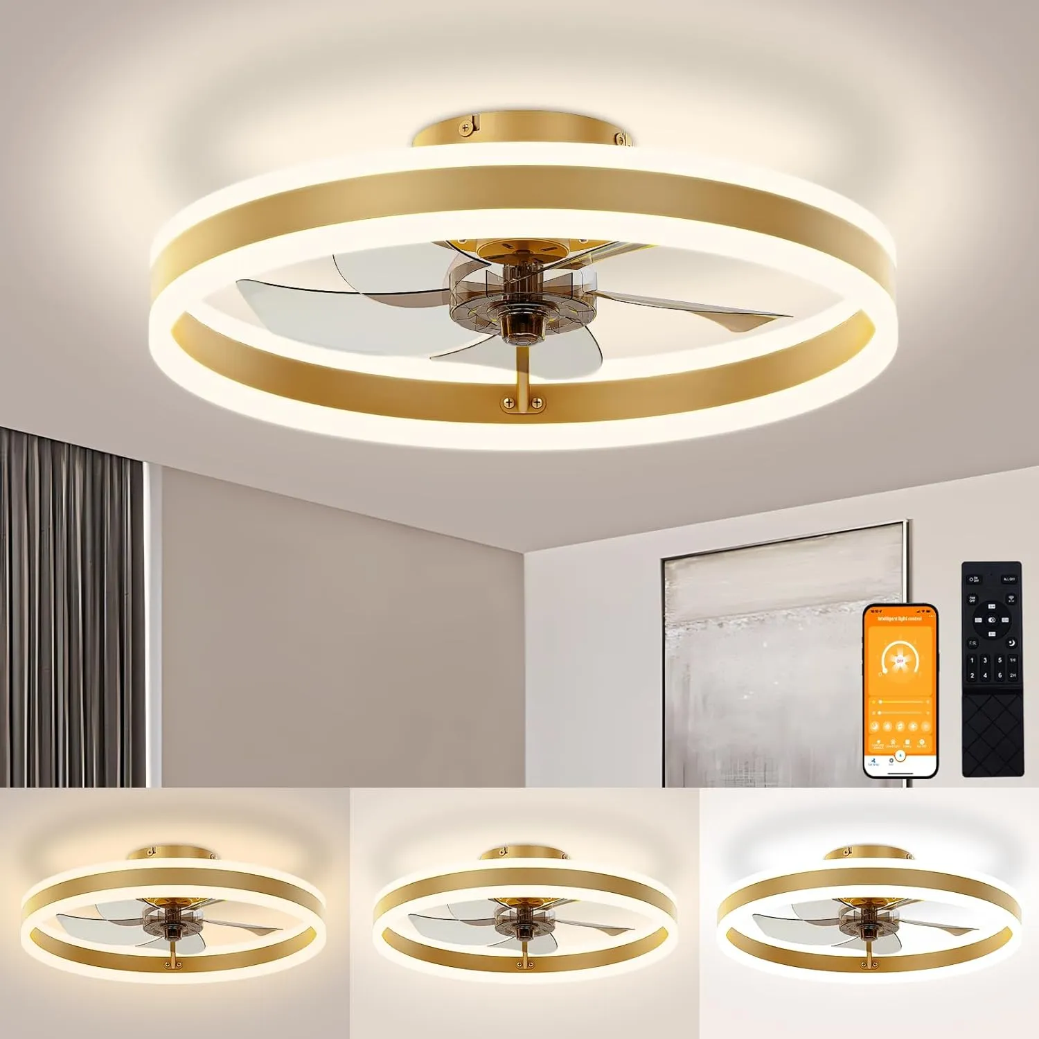VOLISUN Low Profile Ceiling Fans with Lights and Remote, 19.7in Flush Mount Ceiling Fans with Light, 3000K-6500K Dimmable Fandelier LED Fan Light, Gold Bladeless Ceiling Fans with Lights for Bedroom Fan with safety blade design