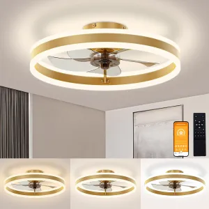 VOLISUN Low Profile Ceiling Fans with Lights and Remote, 19.7in Flush Mount Ceiling Fans with Light, 3000K-6500K Dimmable Fandelier LED Fan Light, Gold Bladeless Ceiling Fans with Lights for Bedroom Fan with safety blade design