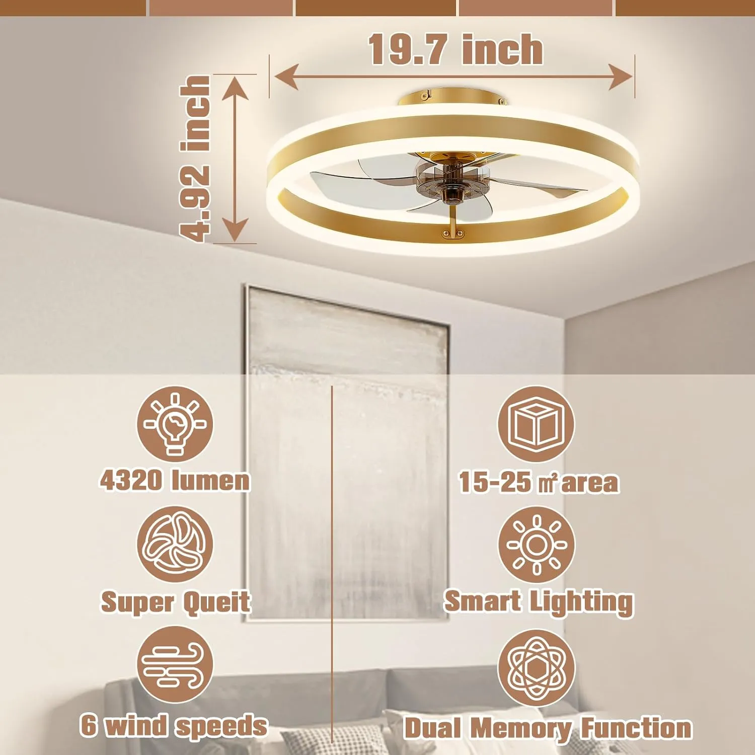 VOLISUN Low Profile Ceiling Fans with Lights and Remote, 19.7in Flush Mount Ceiling Fans with Light, 3000K-6500K Dimmable Fandelier LED Fan Light, Gold Bladeless Ceiling Fans with Lights for Bedroom