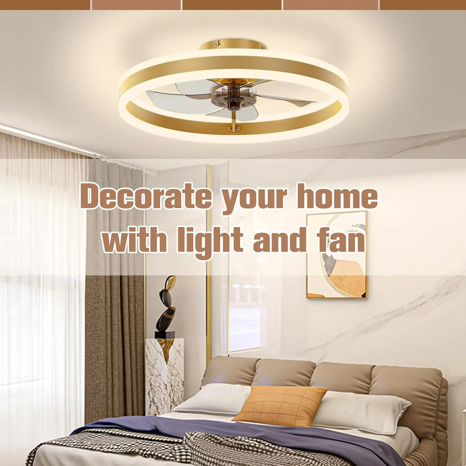 VOLISUN Low Profile Ceiling Fans with Lights and Remote, 19.7in Flush Mount Ceiling Fans with Light, 3000K-6500K Dimmable Fandelier LED Fan Light, Gold Bladeless Ceiling Fans with Lights for Bedroom