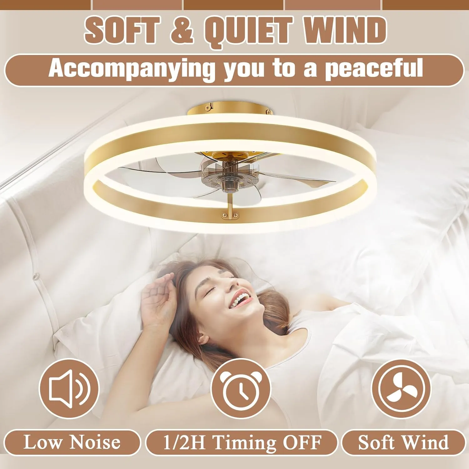 VOLISUN Low Profile Ceiling Fans with Lights and Remote, 19.7in Flush Mount Ceiling Fans with Light, 3000K-6500K Dimmable Fandelier LED Fan Light, Gold Bladeless Ceiling Fans with Lights for Bedroom