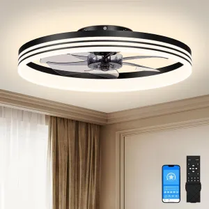 VOLISUN Low Profile Ceiling Fans with Lights and Remote, 23.6in Flush Mount Ceiling Fan with Light, 3000K-6501K Dimmable Fandelier LED Fan Light, Black Bladeless Ceiling Fans with Lights for Bedroom Small bladeless fan for quiet cooling