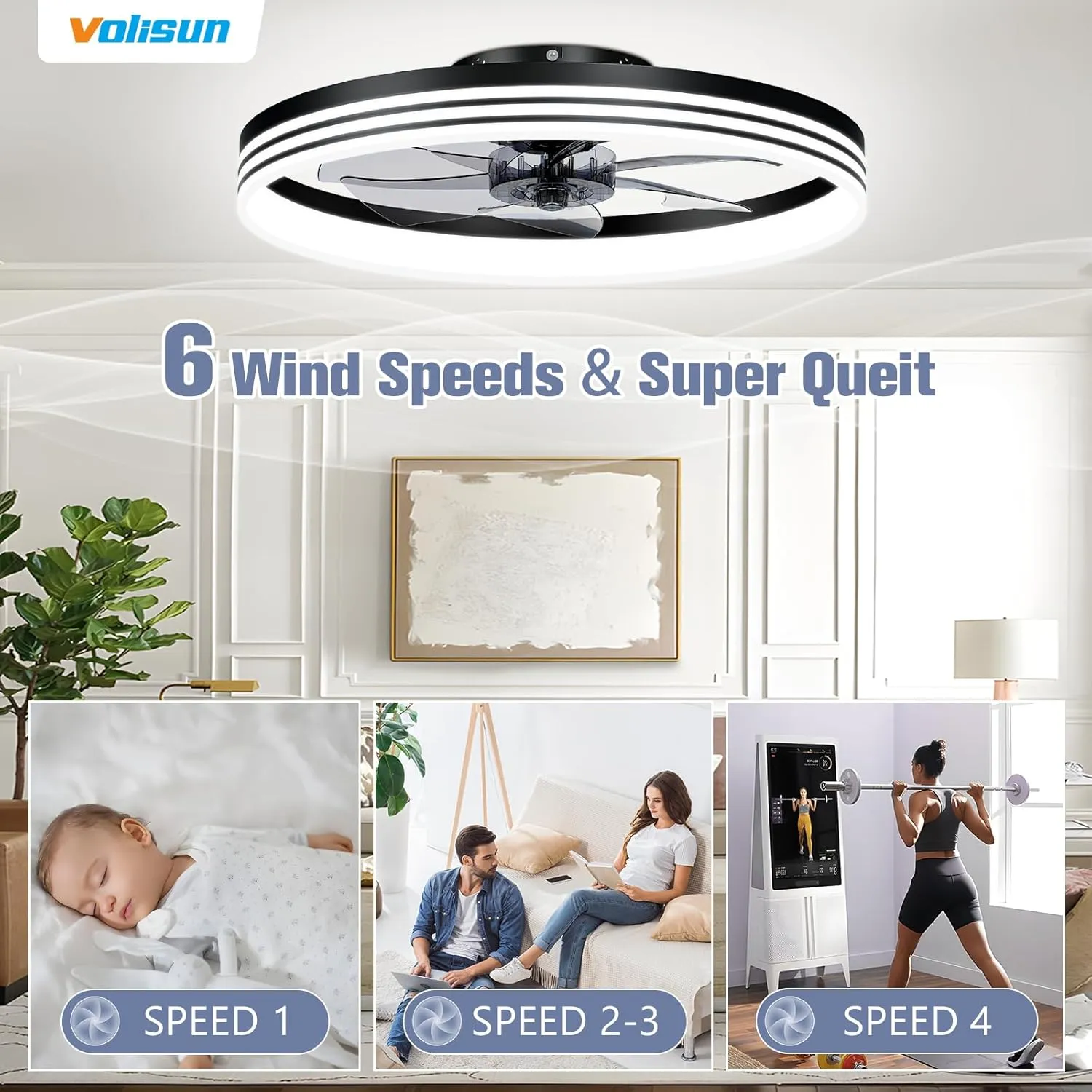 VOLISUN Low Profile Ceiling Fans with Lights and Remote, 23.6in Flush Mount Ceiling Fan with Light, 3000K-6501K Dimmable Fandelier LED Fan Light, Black Bladeless Ceiling Fans with Lights for Bedroom