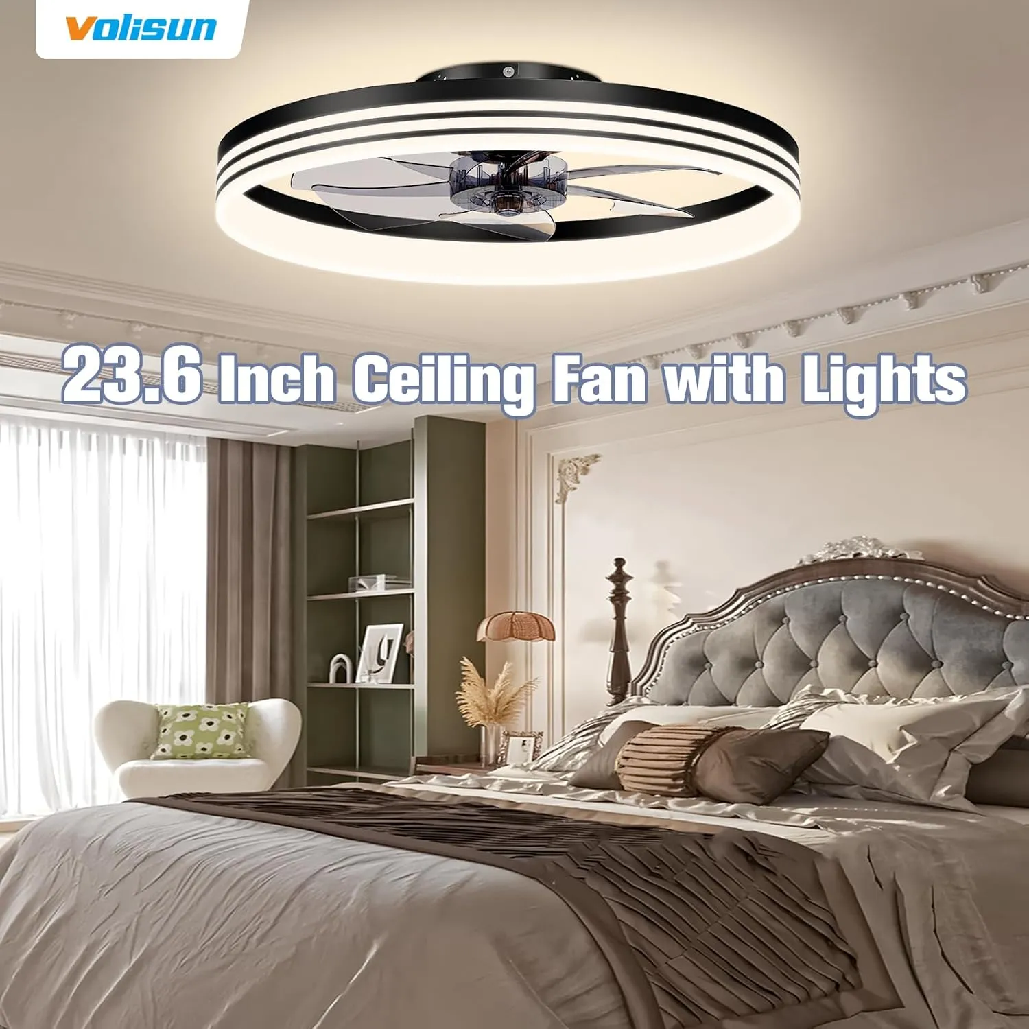 VOLISUN Low Profile Ceiling Fans with Lights and Remote, 23.6in Flush Mount Ceiling Fan with Light, 3000K-6501K Dimmable Fandelier LED Fan Light, Black Bladeless Ceiling Fans with Lights for Bedroom