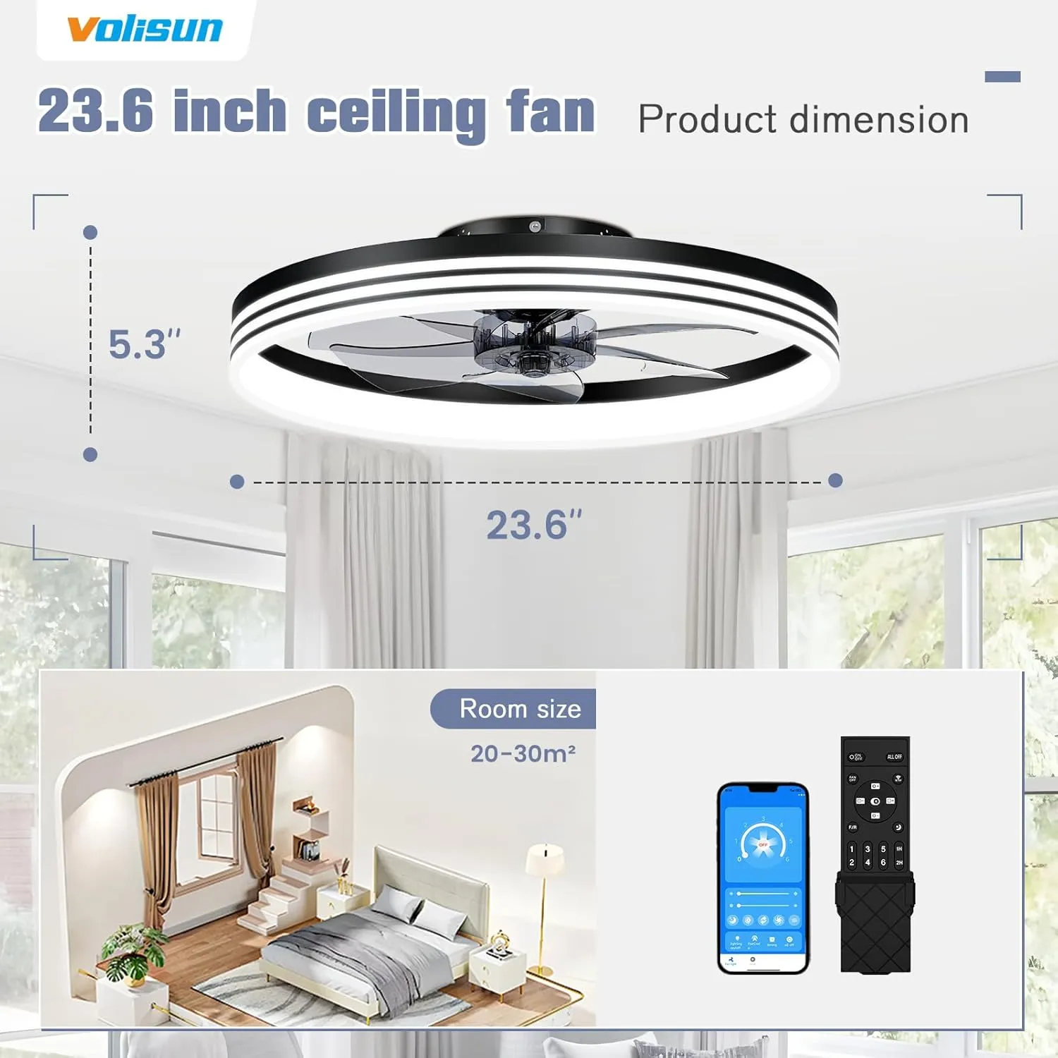 VOLISUN Low Profile Ceiling Fans with Lights and Remote, 23.6in Flush Mount Ceiling Fan with Light, 3000K-6501K Dimmable Fandelier LED Fan Light, Black Bladeless Ceiling Fans with Lights for Bedroom