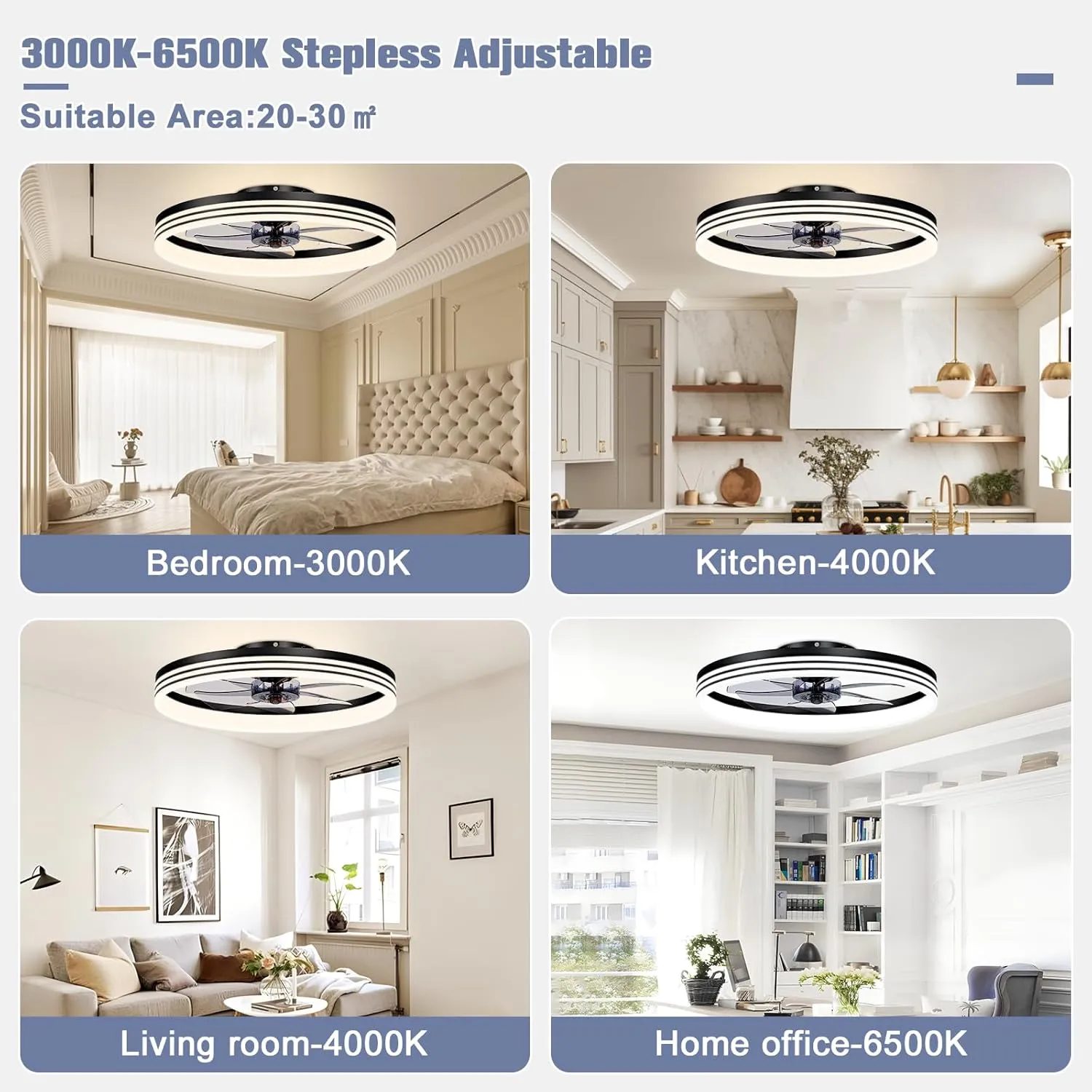 VOLISUN Low Profile Ceiling Fans with Lights and Remote, 23.6in Flush Mount Ceiling Fan with Light, 3000K-6501K Dimmable Fandelier LED Fan Light, Black Bladeless Ceiling Fans with Lights for Bedroom