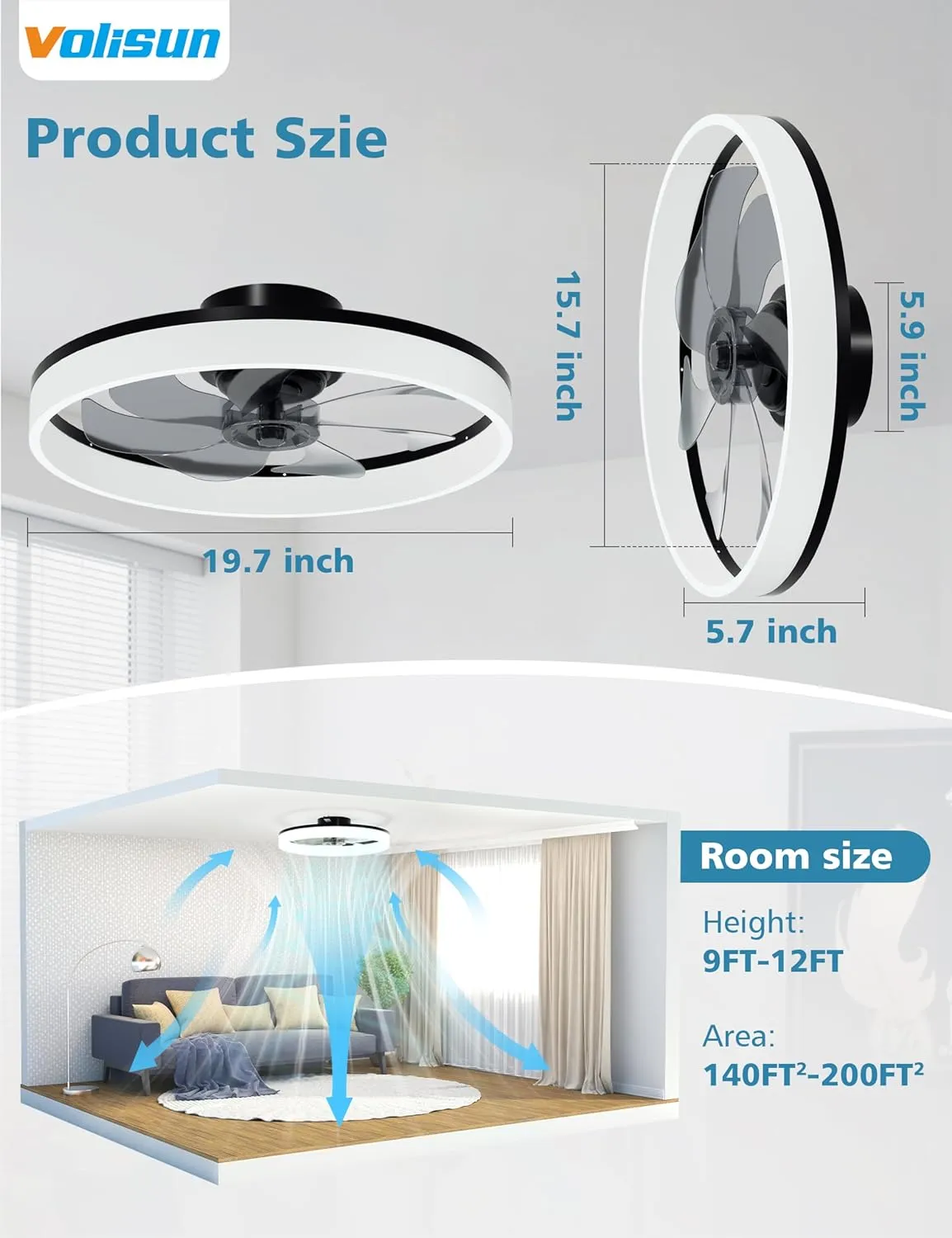 VOLISUN Low Profile Ceiling Fans with Lights and Remote, Bladeless Ceiling Fan with Light Flush Mount, No Assembly, 3000K-6500K Dimmable, Black Fandelier Ceilings Fans with Lights for Bedroom