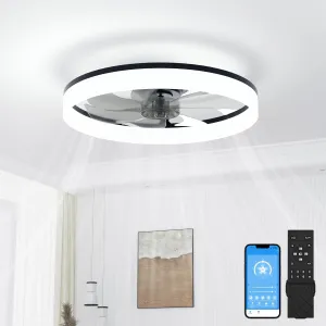 VOLISUN Low Profile Ceiling Fans with Lights and Remote, Bladeless Ceiling Fan with Light Flush Mount, No Assembly, 3000K-6500K Dimmable, Black Fandelier Ceilings Fans with Lights for Bedroom Small bladeless fan for quiet cooling