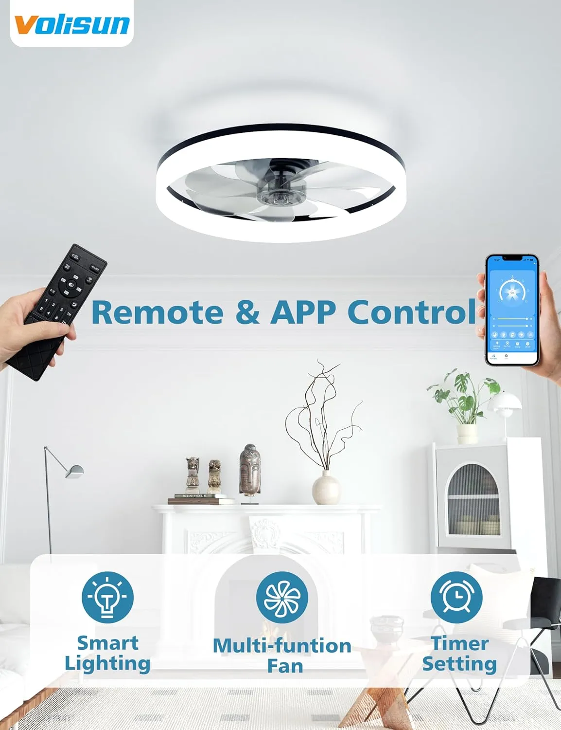 VOLISUN Low Profile Ceiling Fans with Lights and Remote, Bladeless Ceiling Fan with Light Flush Mount, No Assembly, 3000K-6500K Dimmable, Black Fandelier Ceilings Fans with Lights for Bedroom