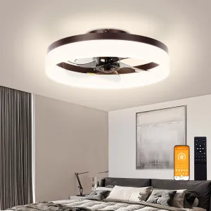 VOLISUN Low Profile Ceiling Fans with Lights and Remote,15.7in Modern Ceiling Fan Flush Mount, 3000K-6500K Dimmable Bladeless LED Fan Light,Brown Fandelier Ceiling Fans with Lights for Bedroom Small bladeless fan for quiet cooling