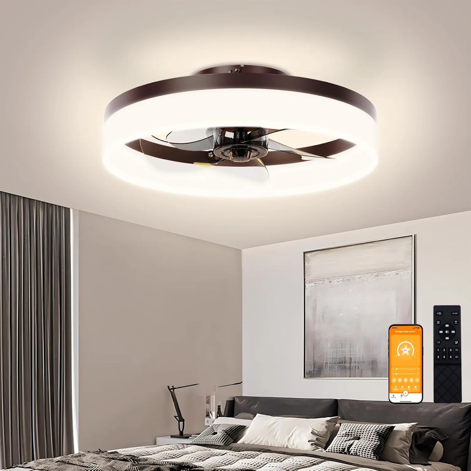 VOLISUN Low Profile Ceiling Fans with Lights and Remote,15.7in Modern Ceiling Fan Flush Mount, 3000K-6500K Dimmable Bladeless LED Fan Light,Brown Fandelier Ceiling Fans with Lights for Bedroom Small bladeless fan for quiet cooling