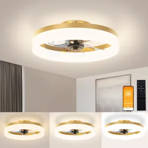 VOLISUN Low Profile Ceiling Fans with Lights and Remote,15.7in Modern Ceiling Fan Flush Mount, 3000K-6500K Dimmable Bladeless LED Fan Light,Gold Fandelier Ceiling Fans with Lights for Bedroom Fan with safety blade design