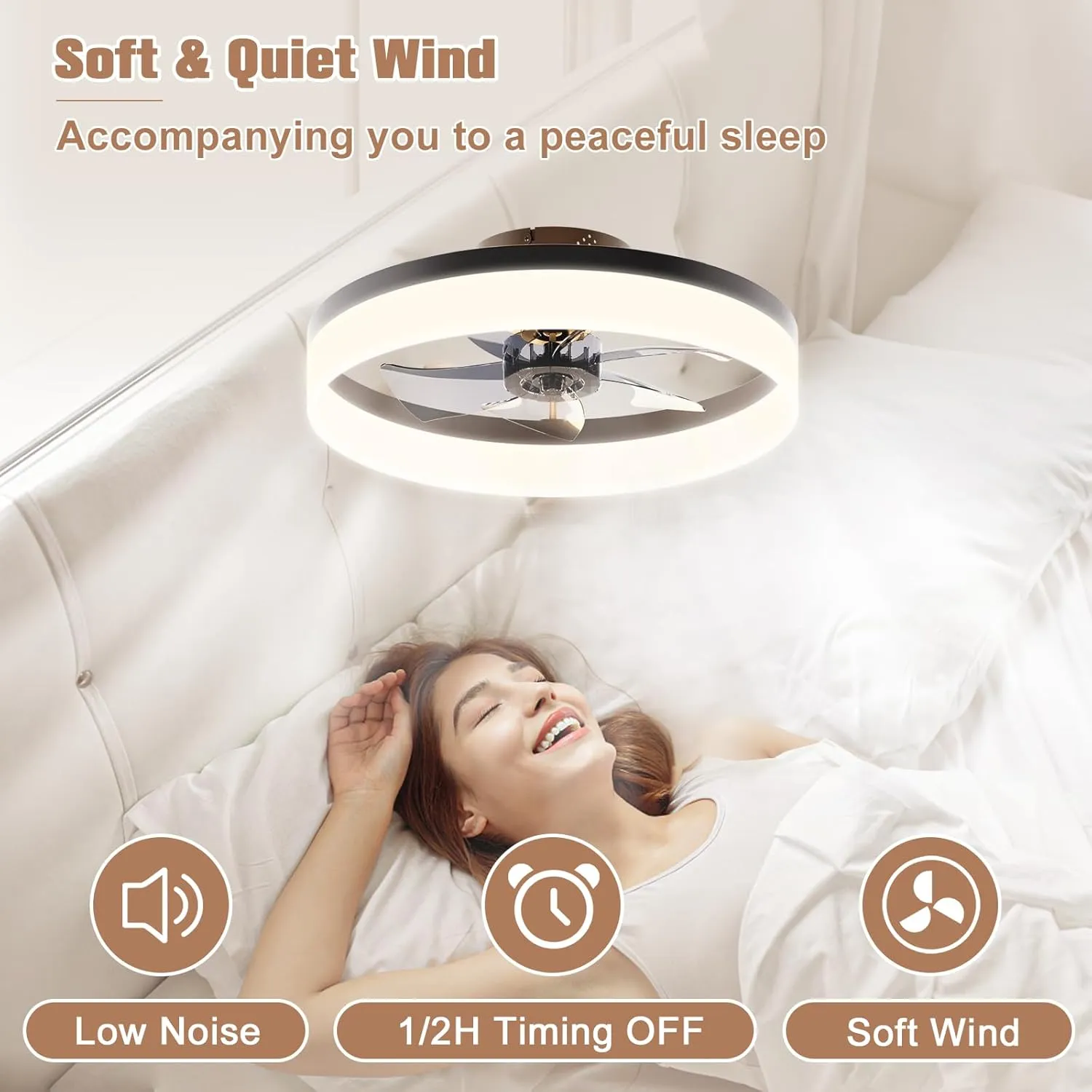 VOLISUN Low Profile Ceiling Fans with Lights and Remote,15.7in Modern Ceiling Fan Flush Mount,3000K-6500K Dimmable Bladeless LED Fan Light,Black Fandelier Ceiling Fans with Lights for Bedroom