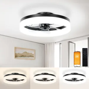 VOLISUN Low Profile Ceiling Fans with Lights and Remote,15.7in Modern Ceiling Fan Flush Mount,3000K-6500K Dimmable Bladeless LED Fan Light,Black Fandelier Ceiling Fans with Lights for Bedroom Small bladeless fan for quiet cooling
