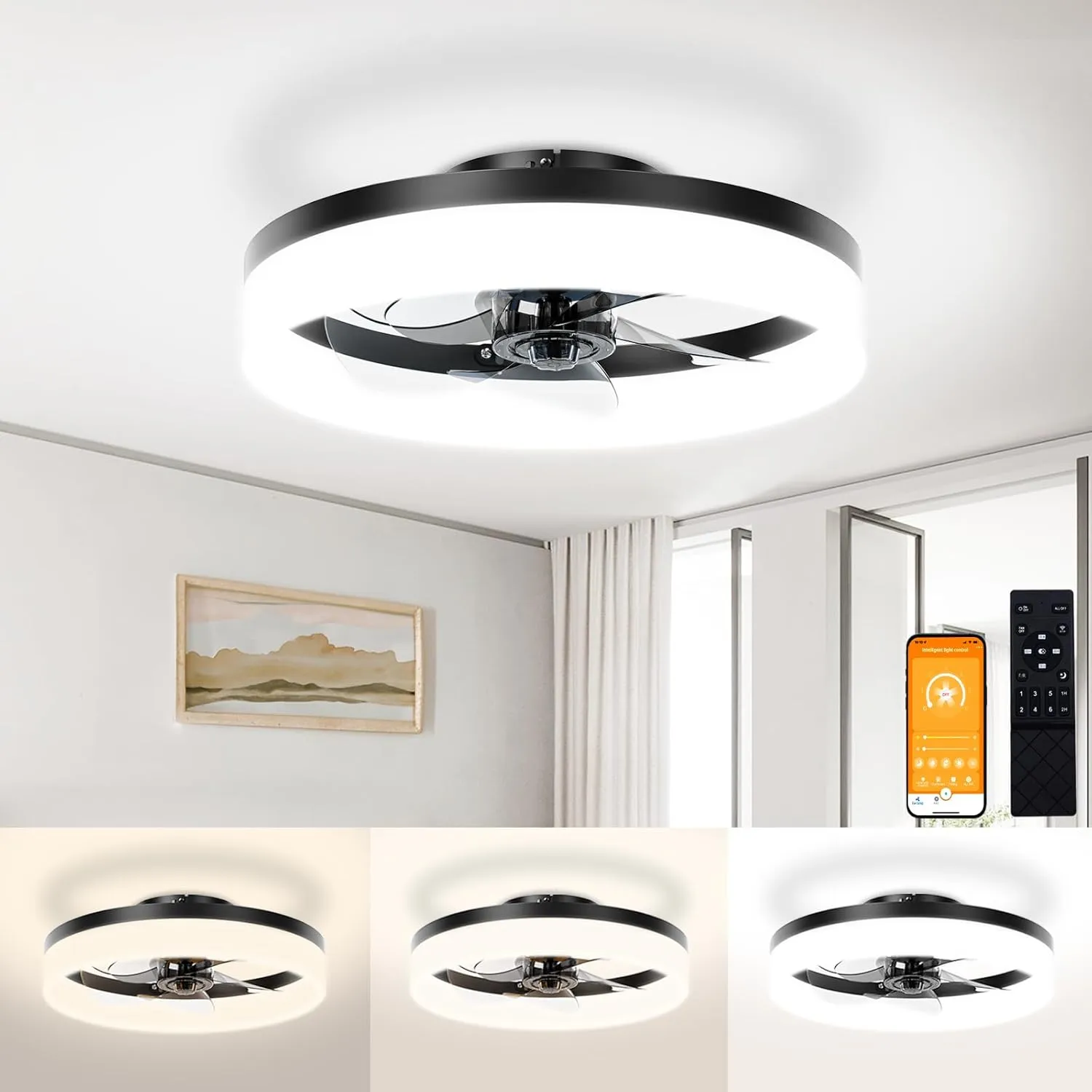 VOLISUN Low Profile Ceiling Fans with Lights and Remote,15.7in Modern Ceiling Fan Flush Mount,3000K-6500K Dimmable Bladeless LED Fan Light,Black Fandelier Ceiling Fans with Lights for Bedroom Small bladeless fan for quiet cooling