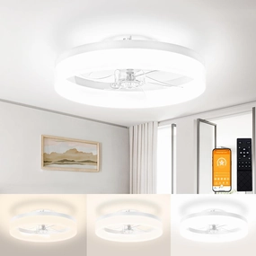 VOLISUN Low Profile Ceiling Fans with Lights and Remote,15.7in Modern Ceiling Fan Flush Mount, 3000K-6500K Dimmable Bladeless LED Fan Light,White Fandelier Ceiling Fans with Lights for Bedroom Small bladeless fan for quiet cooling