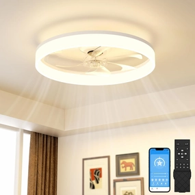 VOLISUN Low Profile Ceiling Fans with Lights and Remote, Bladeless Ceiling Fan with Light Flush Mount, No Assembly, 3000K-6500K Dimmable, White Fandelier Ceilings Fans with Lights for Bedroom Small bladeless fan for quiet cooling