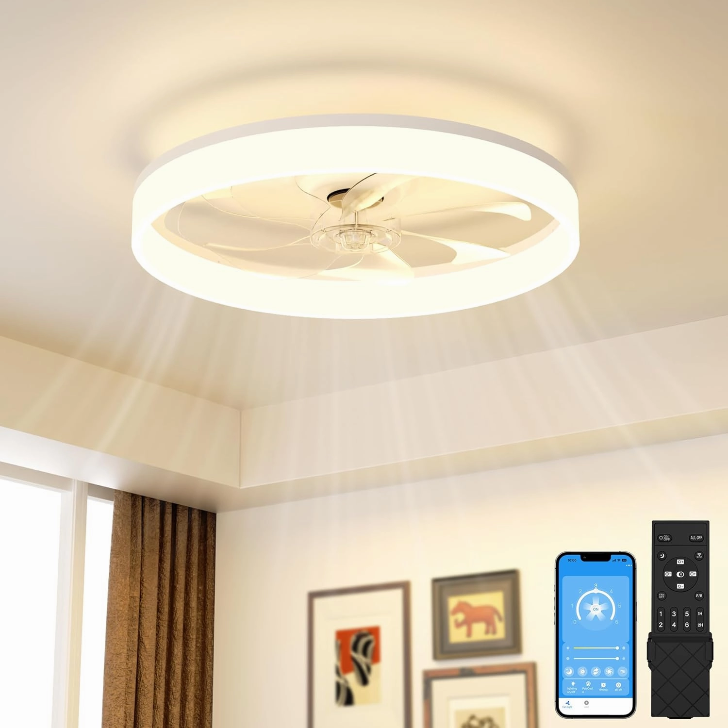 VOLISUN Low Profile Ceiling Fans with Lights and Remote, Bladeless Ceiling Fan with Light Flush Mount, No Assembly, 3000K-6500K Dimmable, White Fandelier Ceilings Fans with Lights for Bedroom Small bladeless fan for quiet cooling