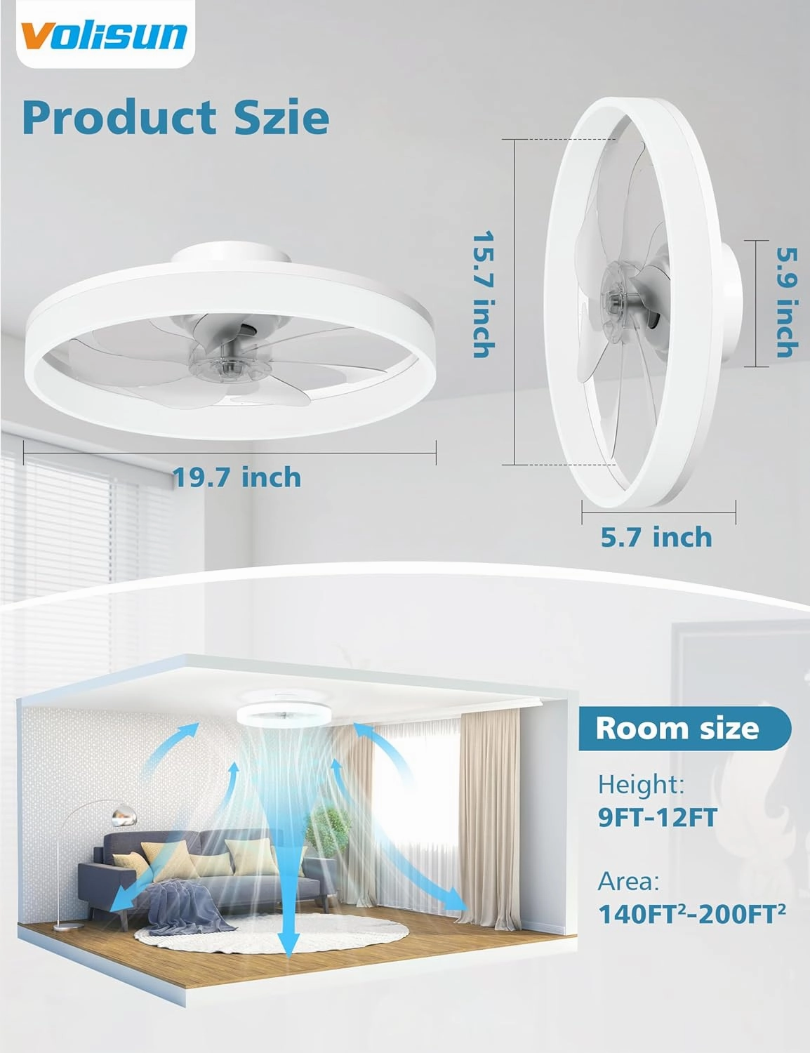 VOLISUN Low Profile Ceiling Fans with Lights and Remote, Bladeless Ceiling Fan with Light Flush Mount, No Assembly, 3000K-6500K Dimmable, White Fandelier Ceilings Fans with Lights for Bedroom