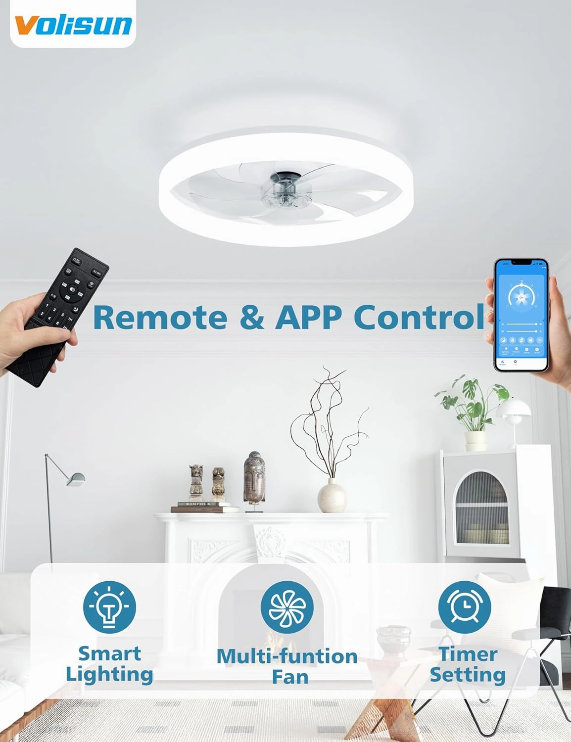 VOLISUN Low Profile Ceiling Fans with Lights and Remote, Bladeless Ceiling Fan with Light Flush Mount, No Assembly, 3000K-6500K Dimmable, White Fandelier Ceilings Fans with Lights for Bedroom