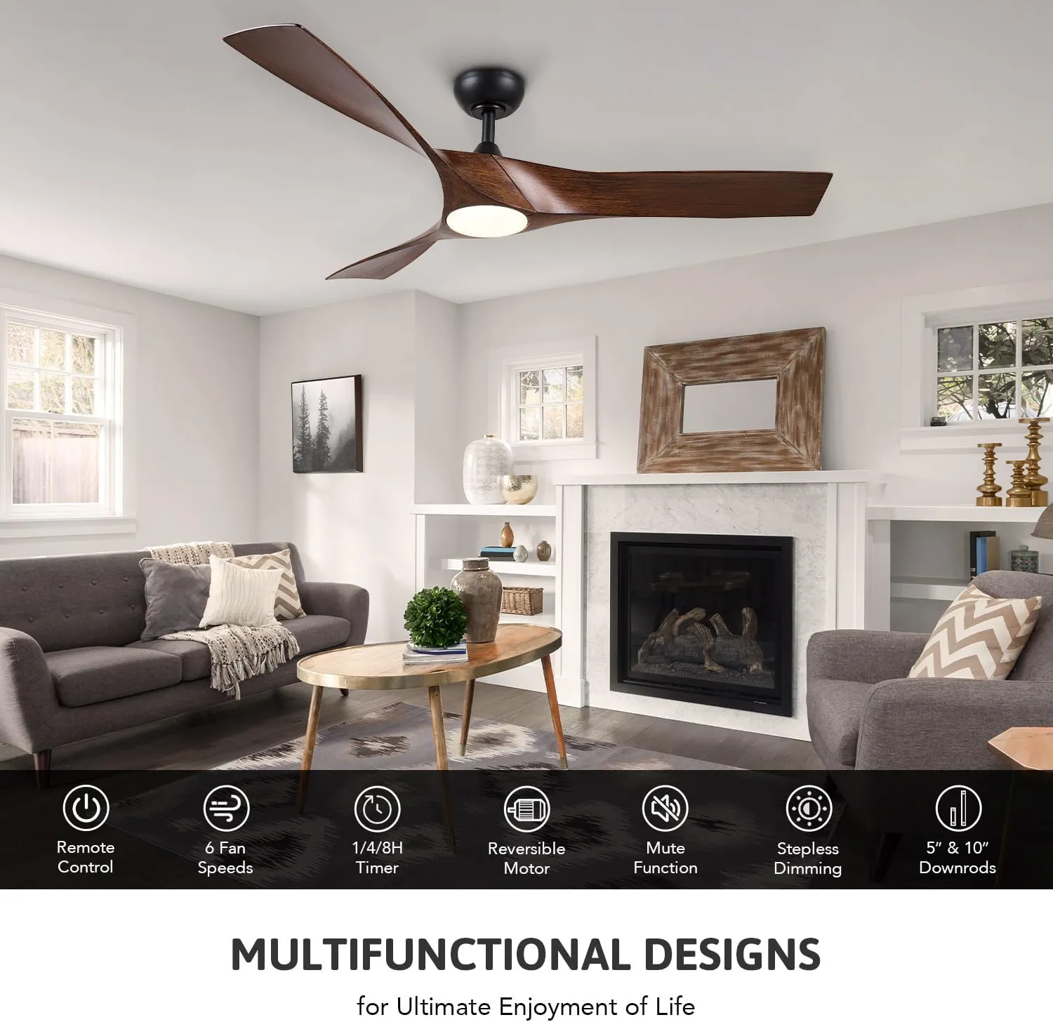 VONLUCE Ceiling Fan with Light and Remote Control, 52 Inch Modern Fan with 3 Blades Noiseless DC Motor for Bedroom, Living Room, Kitchen, Study, Walnut