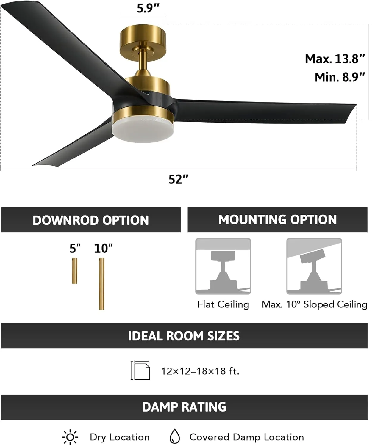 VONLUCE Ceiling Fans with Lights, 52 Inch Ceiling Fan and Remote, with 3 Blades 6-Speeds Noiseless Reversible DC Motor, Modern Ceiling Fan for Farmhouse Bedroom Patio Indoor Outdoor, Black Gold