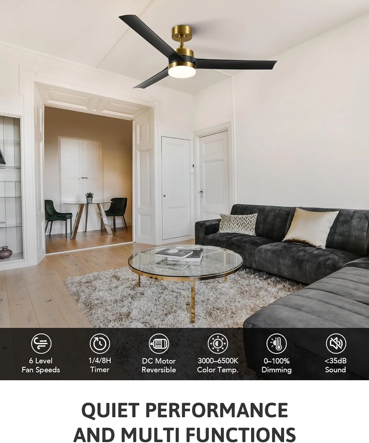 VONLUCE Ceiling Fans with Lights, 52 Inch Ceiling Fan and Remote, with 3 Blades 6-Speeds Noiseless Reversible DC Motor, Modern Ceiling Fan for Farmhouse Bedroom Patio Indoor Outdoor, Black Gold