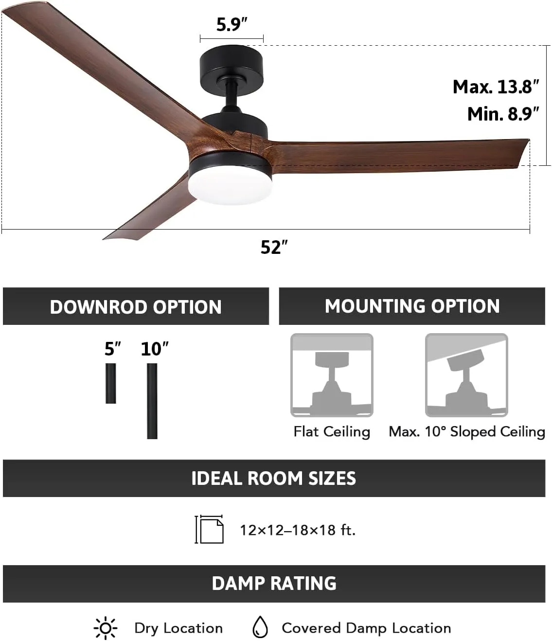 VONLUCE Ceiling Fans with Lights, 52 Inch Ceiling Fan with Remote, 6-Speeds Noiseless Reversible DC Motor, 3CCT, Low Profile Ceiling Fan for Farmhouse Bedroom Patio, Black