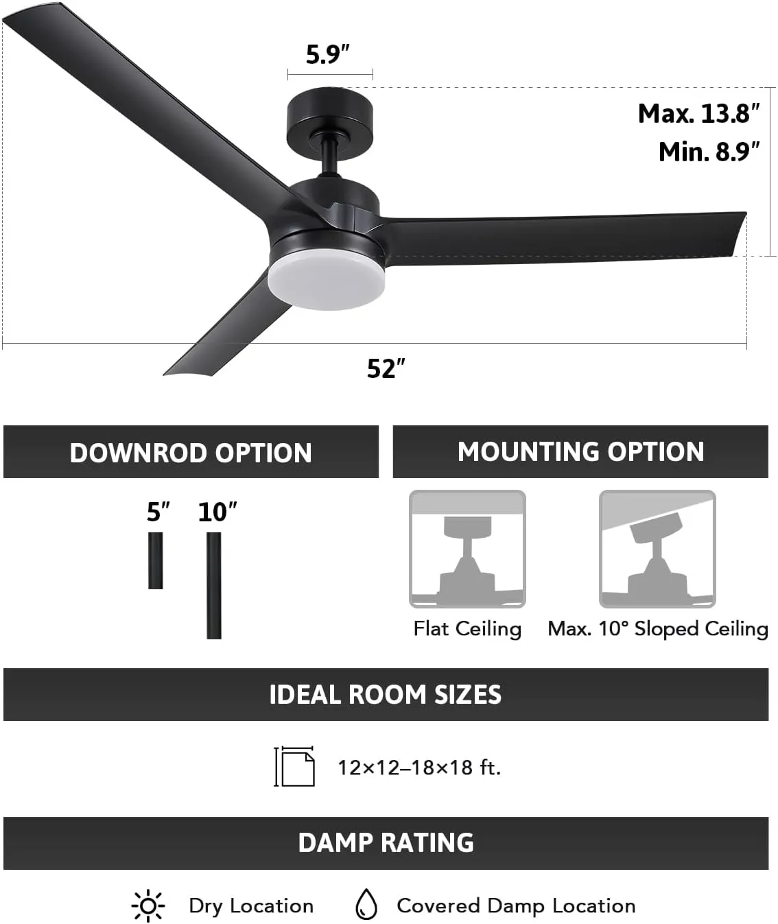 VONLUCE Ceiling Fans with Lights, 52 Inch Ceiling Fan with Remote, 6-Speeds Noiseless Reversible DC Motor, 3CCT, Low Profile Ceiling Fan for Farmhouse Bedroom Patio, Black