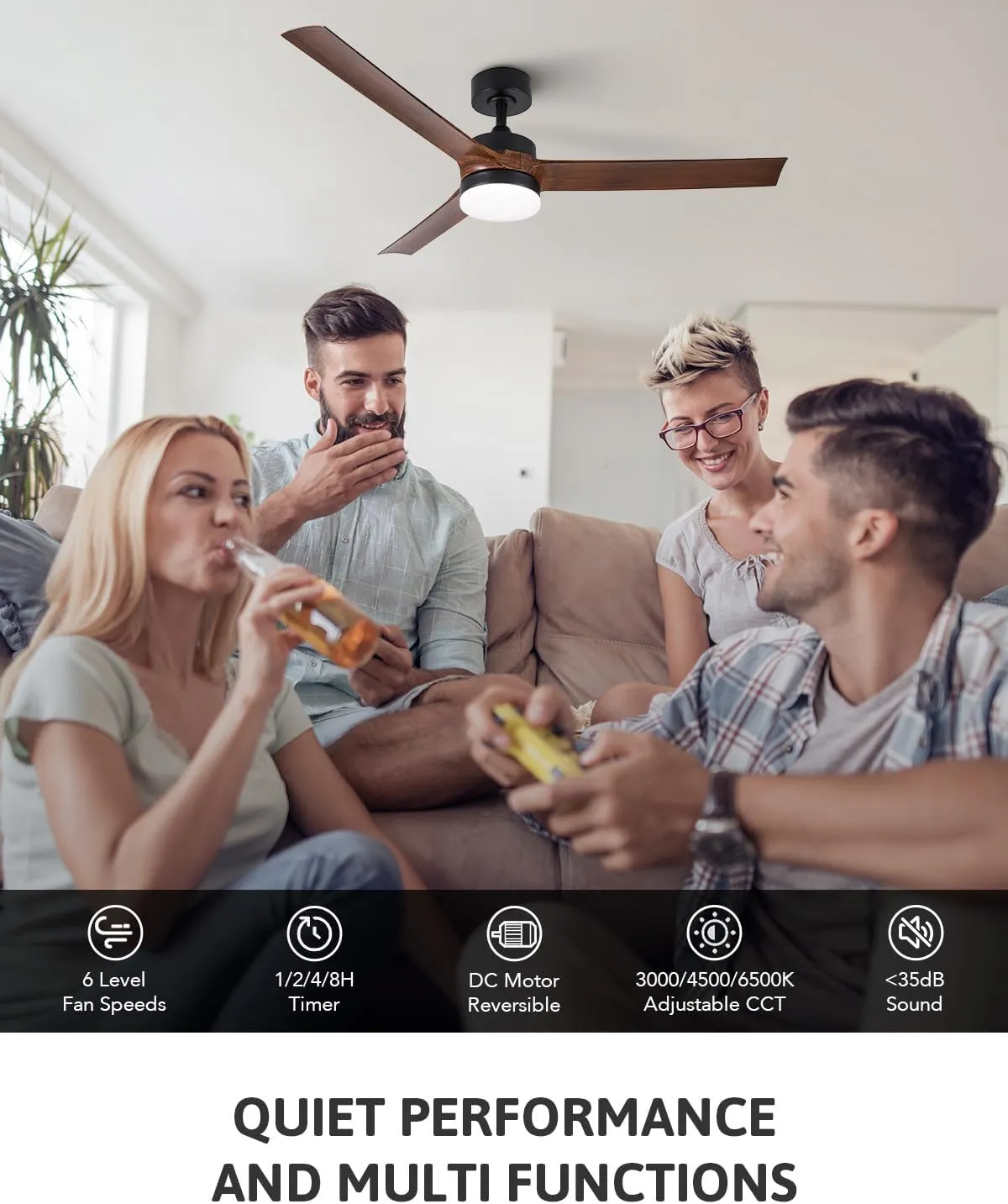 VONLUCE Ceiling Fans with Lights, 52 Inch Ceiling Fan with Remote, 6-Speeds Noiseless Reversible DC Motor, 3CCT, Low Profile Ceiling Fan for Farmhouse Bedroom Patio, Black