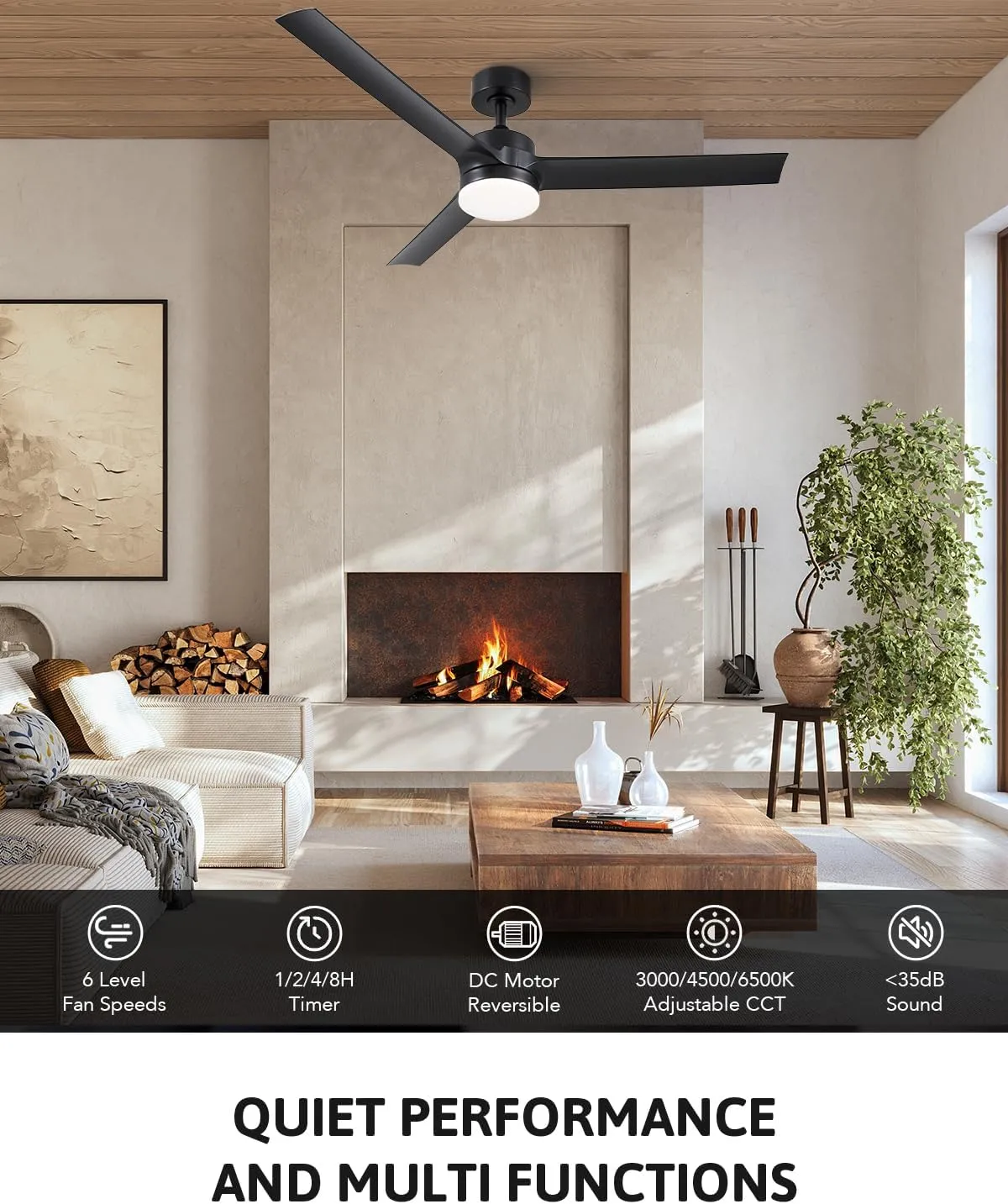 VONLUCE Ceiling Fans with Lights, 52 Inch Ceiling Fan with Remote, 6-Speeds Noiseless Reversible DC Motor, 3CCT, Low Profile Ceiling Fan for Farmhouse Bedroom Patio, Black