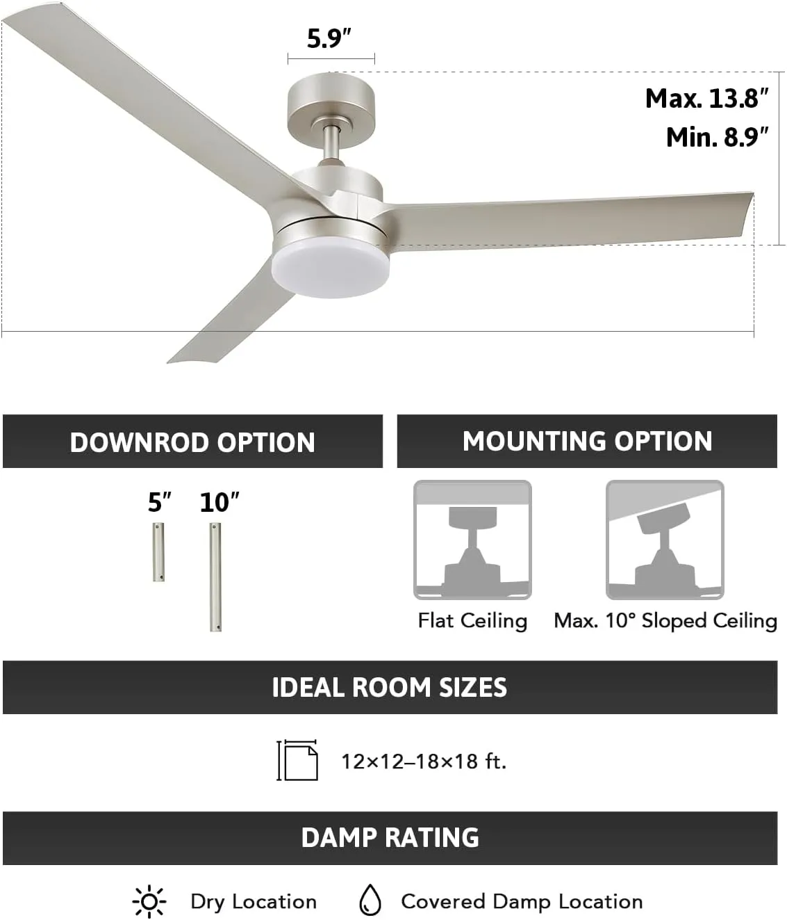 VONLUCE Ceiling Fans with Lights, 52 Inch Ceiling Fan with Remote, 6-Speeds Noiseless Reversible DC Motor, 3CCT, Low Profile Ceiling Fan for Farmhouse Bedroom Patio, Nickel