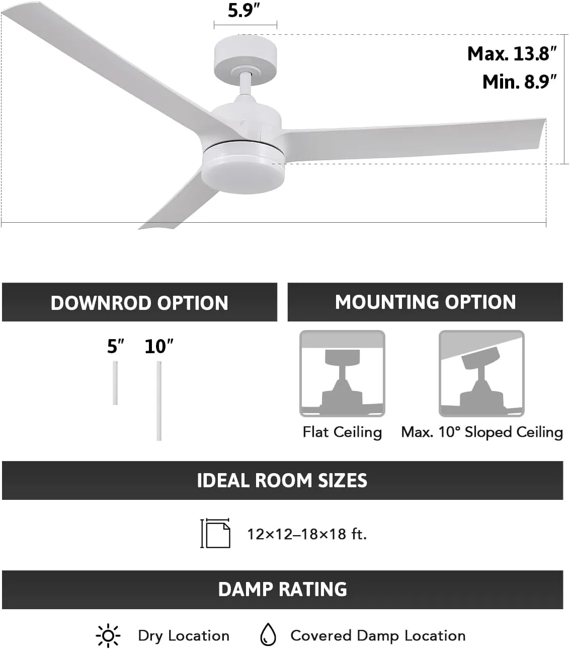 VONLUCE Ceiling Fans with Lights, 52 Inch Ceiling Fan with Remote, 6-Speeds Noiseless Reversible DC Motor, 3CCT, Low Profile Ceiling Fan for Farmhouse Bedroom Patio, White